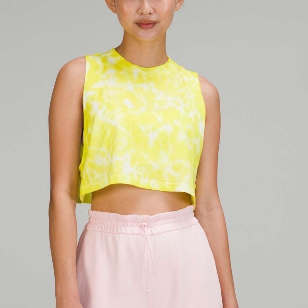 Lululemon-Yellow and white Tie Dye All Yours Cropped Sleeveless Workout Tank Top